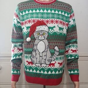 Festive Cat Crewneck Christmas Sweater Large